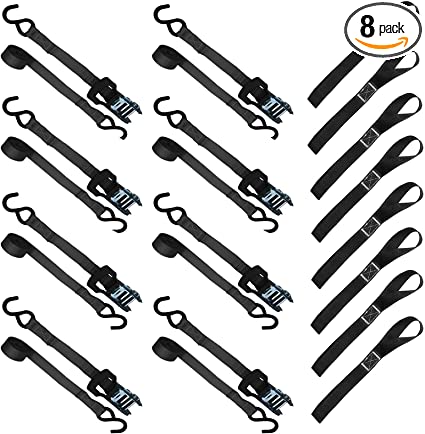 Heavy Duty Ratchet Straps, Topsky 1500lb Break Strength, 15ft Motorcycle Tie Down Straps, Cargo Straps for Trucks, ATV, Moving, 8 Pack, 8 Soft Loops(Black)