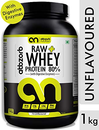 Abbzorb Raw+ Whey Protein 80% -1kg (Unflavoured) with Digestive Enzymes