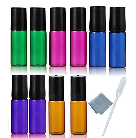 ELFENSTALL 10pcs Amber/Blue/Green/Pink/Purple 5ml(1/6oz) Roll on Glass Bottle for Essential Oil - Empty Aromatherapy Perfume Bottles - Refillable Slim with Metal Ball and Black Lid   FREE Dropper
