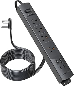 TROND 15ft Long Extension Cord with 2 USB C, ETL Listed, Ultra-Thin Flat Plug Power Strip, Slim Surge Protector, 4 Outlets 4 USB Ports, Wall Mount, Office Accessories Dorm Room Essentials, Black