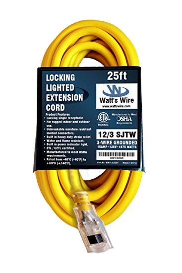 25ft 12 Gauge Heavy Duty Indoor/Outdoor SJTW Lighted Locking Extension Cord by Watt's Wire - 25' 12/3 Rugged Lighted Grounded Power Cord - 12AWG 125Vac 15Amp 1875Watt