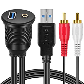 URWOOW Flush Mount Cable Kit 3 ft USB 3.0 Male to Female and 2 RCA Male to 3.5mm Female AUX Extension Cable Dashboard Panel Dash Mount Port 3 feet