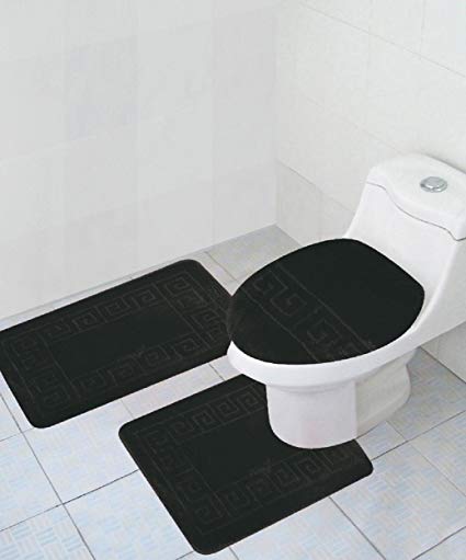 3 Piece Bath Rug Set Pattern Bathroom Rug (20"x32")/large Contour Mat (20"x20") with Lid Cover (Black)