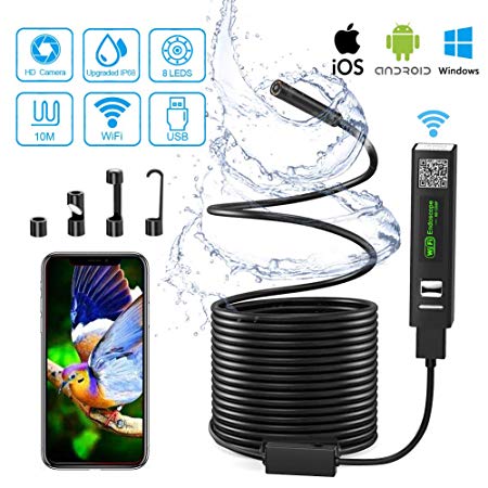 Wifi Endoscope Camera, USB Endoscope Inspection Camera IP68 Waterproof Wireless Borerscope 2.0 Megapixels 1200P HD Snake Camera with 8 LED Lights for Android, iPhone，IOS, Samsung, MAC, Laptop, Windows