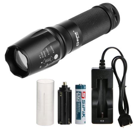 Sipik SK-004 CREE XML T6 LED Portable Tactical Flashlight - Rechargeable 18650 Battery,Charger ,5 Mode, Adjustable Focus - Water Resistant Lighting Lamp Torch - For Hiking, Camping etc