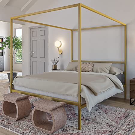 DG Casa Charles 4 Corner Post Canopy Platform Bed Frame and Full Wooden Slats, Box Spring Not Required - Queen Size in Gold Metal
