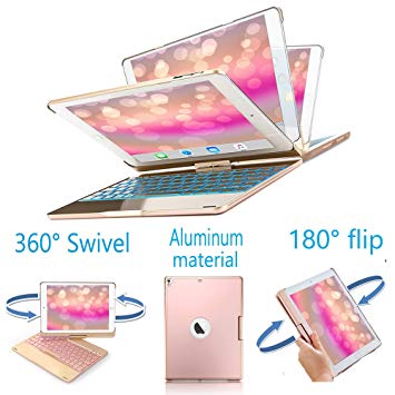 iPad Keyboard Case for iPad 2017 (5th Gen) -iPad 2018 (6th Gen) - iPad Pro 9.7 - iPad Air 2 & 1 - 360 Rotatable -7 Colors Backlit -Aluminum Slim iPad Case with Wireless Keyboard (9.7,Rose Gold)
