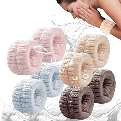 4 Pair Absorbent Towel Wristbands,Wrist Spa Washband Microfiber Wrist Wash Towel Band for Washing Face & Hand Wash Sweatband Prevent Liquid from Spilling Down Your Arms(Beige,Grey)