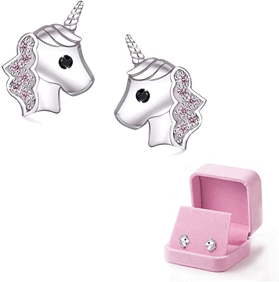 Unicorn Stud Earrings Hypoallergenic 925 Silver Light Pink Sparkling with Zircon for Little Girls Kids Jewelry Birthday Party