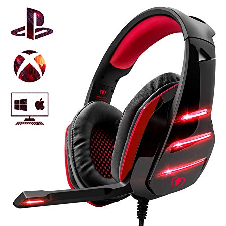 Gaming Headset for PS4 Xbox One, Beexcellent Stereo Surrounding Bass Gaming Headphones with Noise Reduction Microphone LED Light and Volume Control for PC Laptop Mac Nintendo Switch Smartphone (red)