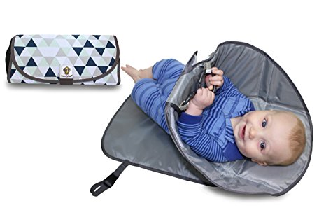 SnoofyBee Portable Clean Hands Changing Pad. 3-in-1 Diaper Clutch, Changing Station, and Diaper-Time Playmat With Redirection Barrier for Use With Infants, Babies and Toddlers (blue white grey)
