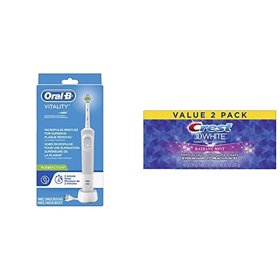 Oral-B Vitality FlossAction Rechargeable Battery Electric Toothbrush with Automatic Timer with Crest 3D Whitening Toothpaste Radiant Mint, 2 Count