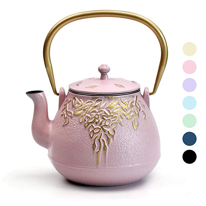 Cast Iron Teapot, TOPTIER Japanese Cast Iron Tea Pot with Infuser for Loose Leaf and Tea Bags, Stovetop Safe Cast Iron Tea Kettle Coated with Enameled Interior for 40 oz (1200 ml), Blush Pink