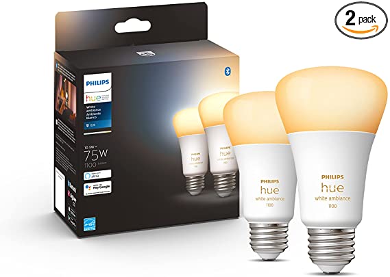 Philips Hue 2-Pack White Ambiance A19 Medium Lumen Smart Bulb, 1100 Lumens, Bluetooth & Zigbee Compatible (Hue Hub Optional), Compatible with Alexa & Google Assistant