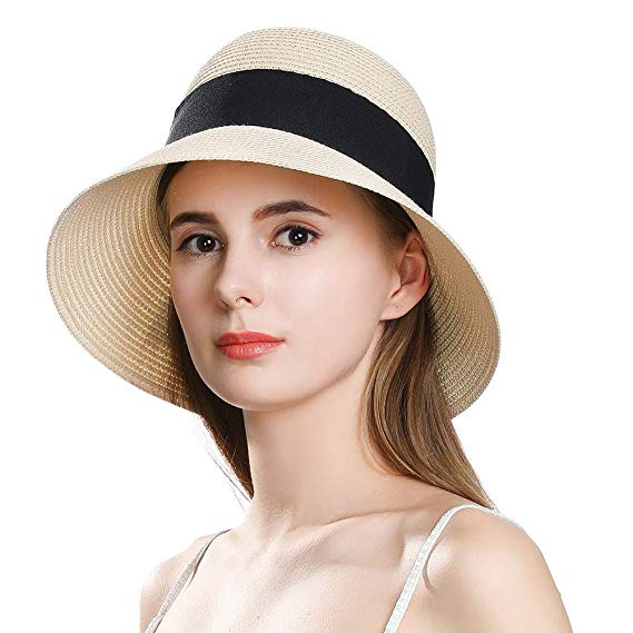 Packable Womens Straw Cloche Derby Fedora Summer Wide Brim Sun Hat Floppy Beach 55-60cm