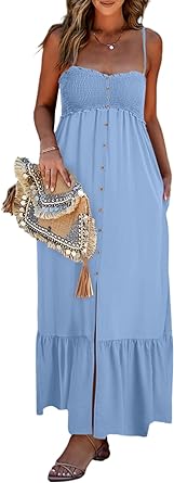 Dokotoo Womens Summer Casual Dresses Sleeveless Spaghetti Strap Button Down Smocked Beach Long Maxi Dress with Pockets