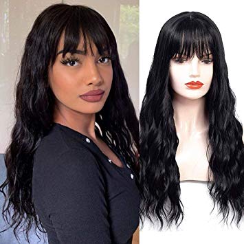 HUA MIAN LI Long Wavy Wig With Air Bangs Silky Full Heat Resistant Synthetic Wig for Women - Natural Looking Machine Made 26 inch Hair Replacement Wig for Party Cosplay Body Wavy (Black)