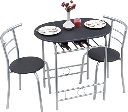 VECELO 3-Piece Bar Table Set, Round Tabletop & Chair for Kitchen Dining Room Breakfast, Built-in Wine Rack, Space Saving, Black