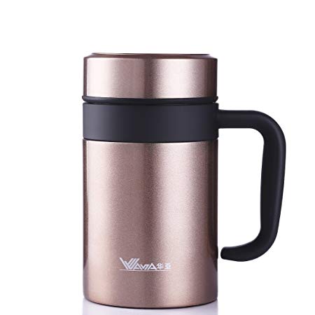 JIAQI Insulated Coffee Mug with Handle and Lid, Double Wall Stainless Steel Tumbler Vacuum Thermal Cup with Removable Tea Infuser Great Gift Idea for Men, 420ML/14Ounce, Gold