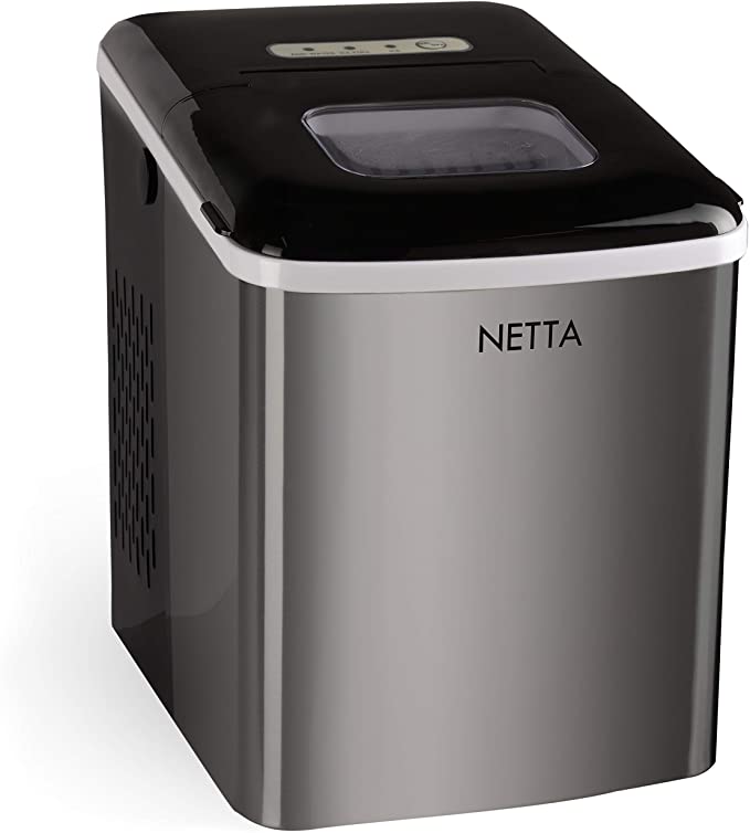 NETTA Ice Maker Machine for Home Use Makes Cubes in 10 Minutes | Large 12kg Capacity 1.8L Tank | No Plumbing Required | Includes Scooper and Removable Basket | Stainless Steel   Black