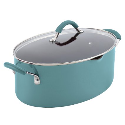 Rachael Ray Cucina Hard Porcelain Enamel Nonstick Pasta Pot Covered Oval with Spout 8-Quart Agave Blue