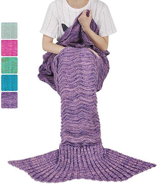 Mermaid Tail Blanket for Adults, Crochet Mermaid Blanket with Anti-slip Neck Strap, Super Soft Warm Sleeping Bag Blanket for All Seasons Purple