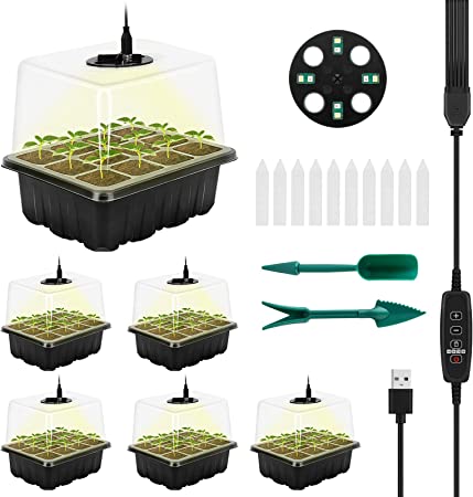 RIOGOO 6 Pack Seed Starter Tray with Grow Light, Timing Seed Starter Kit with Adjustable Brightness & Humidity ,Greenhouse Germination Kit for Seed Growing Starting (12x6,72 Cells)