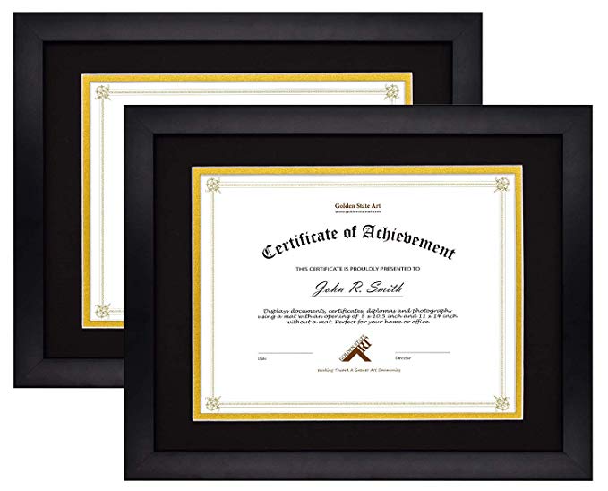 Golden State Art, Set of 2 Black Color, 11x14 Document/Photo Wood Frame, with Black Over Gold Mat for 8.5x11 Document & Certificates, Real Glass (Double Mat)