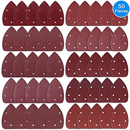 AUSTOR 50 Pieces Mouse Detail Sander Sandpaper Sanding Paper Hook and Loop Assorted 40/ 60/ 80/ 100/ 120/ 180/ 240/ 320/ 400/ 800 Grits