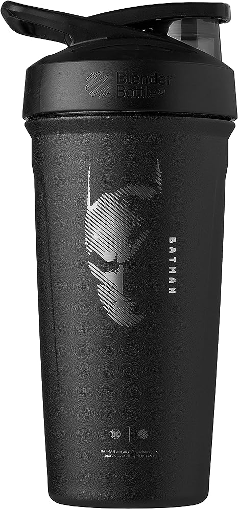 BlenderBottle Justice League Strada Shaker Cup Insulated Stainless Steel Water Bottle with Wire Whisk, 24-Ounce, Batman