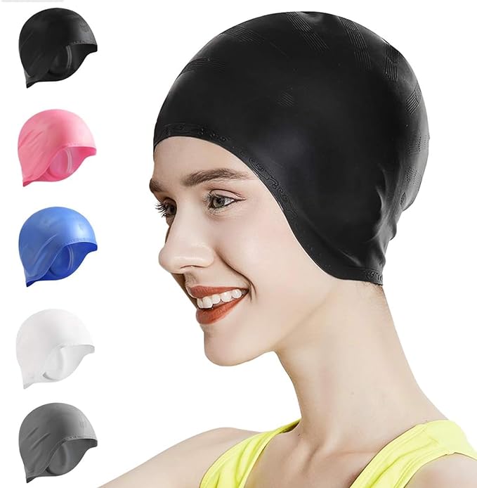 Okela Swim Cap,Silicone Swimming Caps for Women Men Comfortable Bathing Cap Long Hair Cover Ears Reinforced Edge Tear-Proof Design Non-Slip Swim Hat Keep Hair Dry