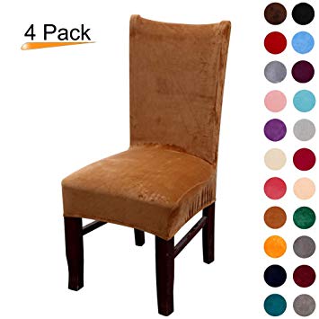 Colorxy Velvet Spandex Fabric Stretch Dining Room Chair Slipcovers Home Decor Set of 4, Camel