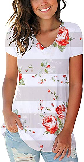 Women's T Shirts Short Sleeve V Neck Loose Casual Basic Tee Tops Summer T-Shirt