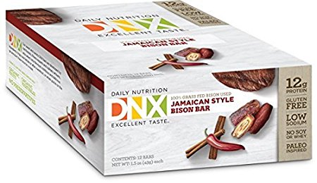 Paleo Protein Bar by DNX - Gluten Free - No MSG -No Nitrates- Grass Fed Bison -No Hormones-No Antibiotics-No Soy - Jamaican Style Bison Bar (12 Bars)