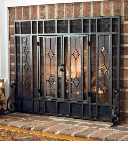 Small Beveled Glass Diamond Fireplace Screen With Alternating Panels And Small Powder-Coated Tubular Steel Frame in Black