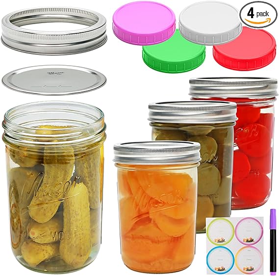 Woaiwo-q 4 Pack Wide Mouth Mason Jars 16oz, Mason Jars with Metal Airtight Lids and Bands - For Canning, Fermenting, Pickling - Jar Décor/Microwave/Freeze/Dishwasher Safe