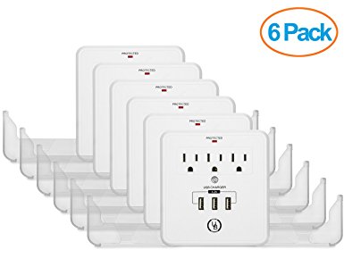 Yubi Power 3-Outlet Wall Mount Surge Protector with 3 USB Charging Ports 4.2A - with Slide-Out Smartphone Holders -ETL Listed