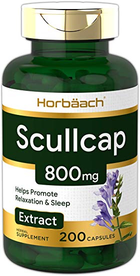 Horbaach Scullcap 800 mg 200 Capsules | Max Potency, Value Size | Non-GMO, Gluten Free Supplement | Skullcap Herb Extract