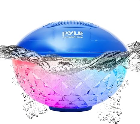 Pyle Floating Pool Speaker with Lights, IP68 Waterproof Portable Bluetooth Speakers, Stereo Surround Sound Outdoor Wireless Speaker for Pool Beach Shower Hot Tub Travel, 50 ft Range, USB Rechargeable