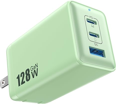 128W USB C Wall Charger,GaN III 3-Port Fast Charging Station,PD QC Foldable Charger Block Portable 65W USB C Laptop Adapter for MacBook Pro/Air,iPad Pro,Galaxy S23,Dell XPS 13,iPhone 14/Pro etc Green