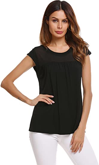 Zeagoo Womens Casual Loose Round Neck Cap Sleeve Top Chiffon Stitching Pleated Pullover Blouse