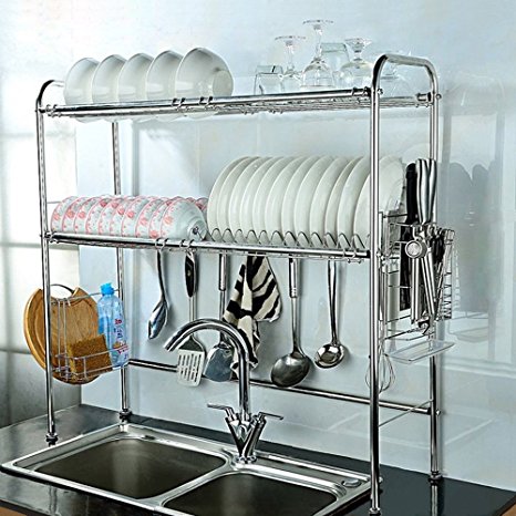 Nex Dish Rack Halloween Gifts 2-Tier Double Slot Stainless Steel Dry Shelf Kitchen Cutlery Holder Tidy Stacking Shelf (Double Groove)