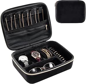 ProCase Mens Travel Jewelry Case, 3 Slots Watch Travel Case, Watch Accessories Carrying Case, Glasses Necklaces Rings Bracelets Zippered Organizer Bag for Men -Black