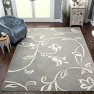 Superior Vine Collection, Indoor Large Area Rug with Jute Backing, Shabby Chic Floral Decor, Perfect for Living Room, Bedroom, Hardwood Floors, Dorm, Office, Entry, Kitchen, 8' x 10', Grey