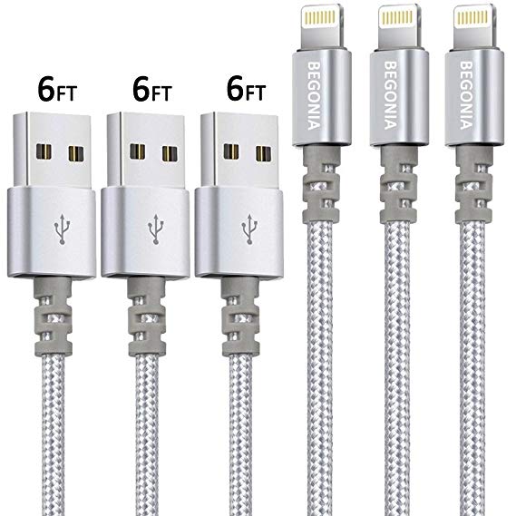 Lightning Cable,Begonia 3PACK (6FT) Nylon Braided Charging Cable Cord Lightning to USB Cable Charger Compatible with iPhone,iPad, iPod and More (Silver)