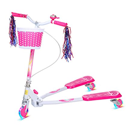 Ancheer Scissor Speeder Tri Push Scooter Mini Folding Flicker Trike Slider Striker Drifter 3 Wheels Scooter with Basket for Kids Age 4