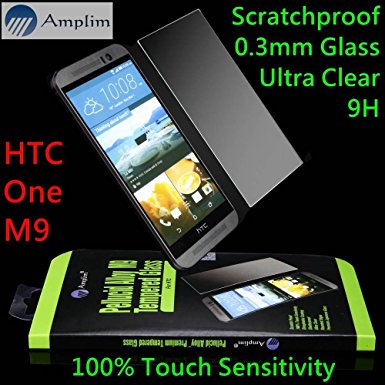 HTC ONE M9 Screen Protector: Amplim Front Ballistic Tempered Glass Cover. Case Friendly, 9H Clear HD, Full 2.5D Rounded Edge, Halo Bubble Free, Scratch Proof Anti Fingerprint (M9-Premium-Film-S)