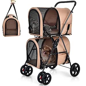 Giantex Double Pet Stroller with 2 Detachable Carrier Bags, Safety Belt, 4 Lockable Wheels Cat Stroller Travel Carrier Strolling Cart, Folding Dog Stroller for Small Medium Dogs Cats Puppy (Beige)