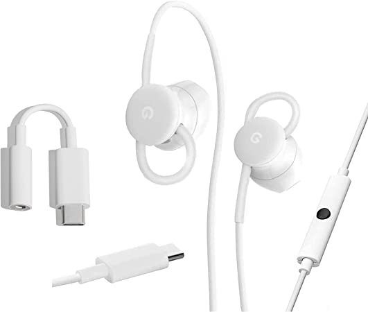 Google Earbuds USB-C Wired Headset Type-C w/Mic and Volume Control   Google USB Type C to 3.5mm Headphone Adapter Pixel, XL, Pixel 2, XL, Pixel 3, Pixel 3XL, Other USB Type-C Phones (Bundle) - White