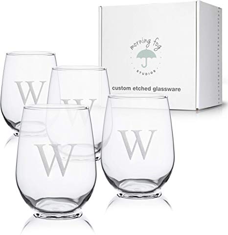 Monogrammed Stemless Wine Glasses Set of 4, Barware Glassware with Sandblasted Monograms, 17 oz Capacity Each (W)